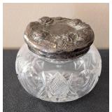 K - Vanity Jar - Antique Sterling Silver Top, Cut Glass with Rose Motifs,