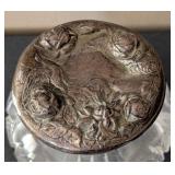 K - Vanity Jar - Antique Sterling Silver Top, Cut Glass with Rose Motifs,