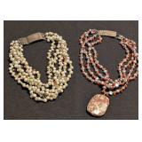 K - Two Pearl & Gemstone Beaded Necklaces - Multi-Strand