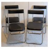 UL - Set of Four Vintage Folding Chairs - Black Vinyl Seats, Chrome Frames