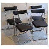 UL - Set of Four Vintage Folding Chairs - Black Vinyl Seats, Chrome Frames