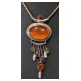 K - Sterling Silver Amber Necklace - 17 in. Long with Oval Amber Pendant & Multi-Gem Tassel