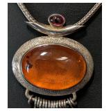K - Sterling Silver Amber Necklace - 17 in. Long with Oval Amber Pendant & Multi-Gem Tassel