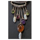 K - Sterling Silver Amber Necklace - 17 in. Long with Oval Amber Pendant & Multi-Gem Tassel