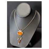 K - Sterling Silver Amber Necklace - 17 in. Long with Oval Amber Pendant & Multi-Gem Tassel