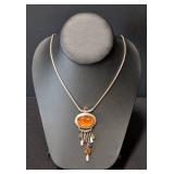 K - Sterling Silver Amber Necklace - 17 in. Long with Oval Amber Pendant & Multi-Gem Tassel