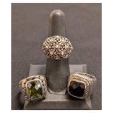 K - (3) Sterling Silver Rings - Size 6 Green Stone, Black Stone, Beaded Dome