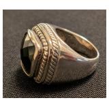 K - (3) Sterling Silver Rings - Size 6 Green Stone, Black Stone, Beaded Dome