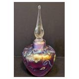 K - Vintage Vandermark Art Glass Perfume Bottle - Iridescent Purple with Floral Motifs