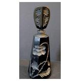 K - Vintage Irice Black Crystal Perfume Bottle Floral Frosted Motif - Made in Japan