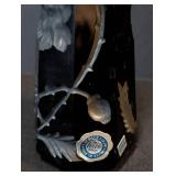 K - Vintage Irice Black Crystal Perfume Bottle Floral Frosted Motif - Made in Japan