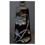 K - Vintage Irice Black Crystal Perfume Bottle Floral Frosted Motif - Made in Japan