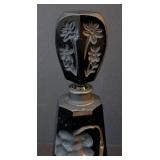 K - Vintage Irice Black Crystal Perfume Bottle Floral Frosted Motif - Made in Japan