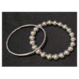 K - Sterling Silver Bracelets - Beaded Ball & Plain Bangle - 55g Total - Largest 3in Dia (Lot of 2)
