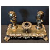 K - Vintage A&M Leatherlines Brass Pen Holder Desk Set with Twin Busts