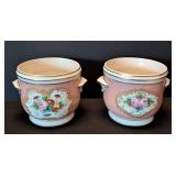 ML - Handpainted Porcelain Planters - Pink Floral with Gold Accents - France Marked - Pair (Lot of 2)