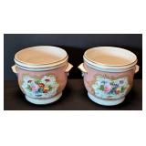 ML - Handpainted Porcelain Planters - Pink Floral with Gold Accents - France Marked - Pair (Lot of 2)