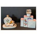 K - Bavaria Porcelain Floral Decanter & Reclining Girl Figurine Set - Pink/Blue Panels (Lot of 2)