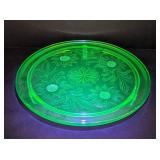 K - Vintage Uranium Jeanette Depression Sunflower Footed Glow Green Glass Cake Plate