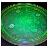 K - Vintage Uranium Jeanette Depression Sunflower Footed Glow Green Glass Cake Plate