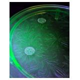 K - Vintage Uranium Jeanette Depression Sunflower Footed Glow Green Glass Cake Plate