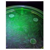 K - Vintage Uranium Jeanette Depression Sunflower Footed Glow Green Glass Cake Plate