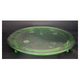 K - Vintage Uranium Jeanette Depression Sunflower Footed Glow Green Glass Cake Plate