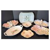 K - Vintage Painted Porcelain Plates - Assorted Floral Patterns, 9-Piece Set