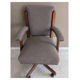 UL - Rolling Office Chair - Gray Fabric, Wood Armrests, Nailhead Trim