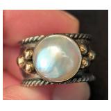 K - Sterling Silver Pearl Ring Size 6 - Rope-Band with Bead Accents