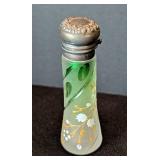 LR - Antique Green Frosted Glass Perfume Bottle - Ornate Silver Cap with Floral Design