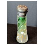 LR - Antique Green Frosted Glass Perfume Bottle - Ornate Silver Cap with Floral Design