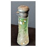 LR - Antique Green Frosted Glass Perfume Bottle - Ornate Silver Cap with Floral Design