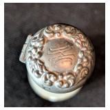 LR - Antique Green Frosted Glass Perfume Bottle - Ornate Silver Cap with Floral Design