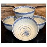 FR - Chinese Blue and White Rice Grain Porcelain Bowls and Spoons Set