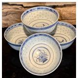 FR - Chinese Blue and White Rice Grain Porcelain Bowls and Spoons Set
