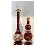 FR  - Pair of Mouth Blown Egyptian Crystal Perfume Bottles, Purple with Gold Detailing