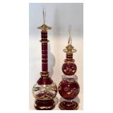 FR  - Pair of Mouth Blown Egyptian Crystal Perfume Bottles, Purple with Gold Detailing