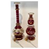 FR  - Pair of Mouth Blown Egyptian Crystal Perfume Bottles, Purple with Gold Detailing