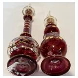 FR  - Pair of Mouth Blown Egyptian Crystal Perfume Bottles, Purple with Gold Detailing