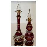 FR  - Pair of Mouth Blown Egyptian Crystal Perfume Bottles, Purple with Gold Detailing