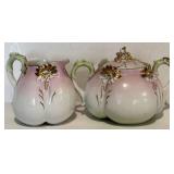 FR - Antique Unmarked RS Prussia Porcelain Sugar and Creamer Set Pink Green White with Gold Accents