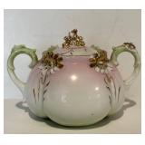 FR - Antique Unmarked RS Prussia Porcelain Sugar and Creamer Set Pink Green White with Gold Accents