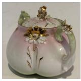 FR - Antique Unmarked RS Prussia Porcelain Sugar and Creamer Set Pink Green White with Gold Accents