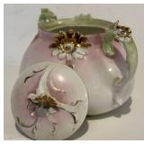 FR - Antique Unmarked RS Prussia Porcelain Sugar and Creamer Set Pink Green White with Gold Accents
