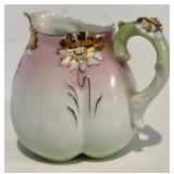 FR - Antique Unmarked RS Prussia Porcelain Sugar and Creamer Set Pink Green White with Gold Accents