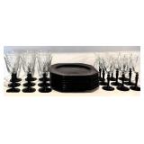 FR - Vintage Mikasa English Chintz C6103 Black Tea Plates and 18 Black Stem Wine Glasses Set