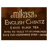 FR - Vintage Mikasa English Chintz C6103 Black Tea Plates and 18 Black Stem Wine Glasses Set
