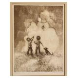 FR - Framed Vintage Etching Print Saturday Morning by Si Raymond