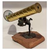 FR - Bronze Frog Holding Brass Kaleidoscope Sculpture on Sandstone Base